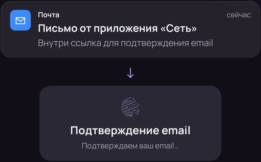 Письмо от приложения «Сеть» и экран подтверждения email